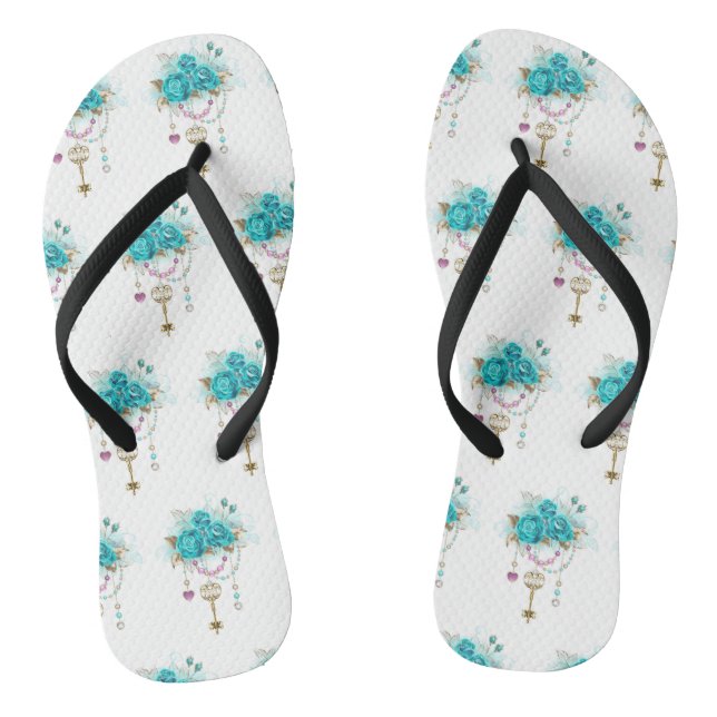 Turquoise Roses with Keys Jandals (Footbed)