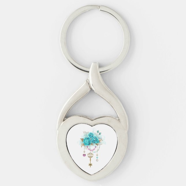 Turquoise Roses with Keys Key Ring (Front)