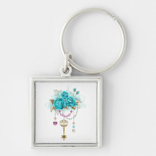 Turquoise Roses with Keys Key Ring (Front)
