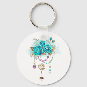 Turquoise Roses with Keys Key Ring