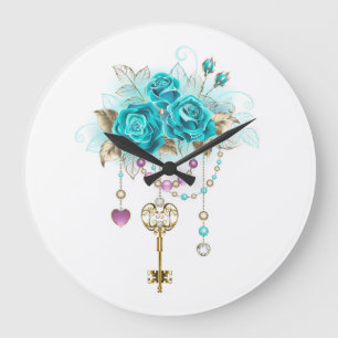 Turquoise Roses with Keys Large Clock