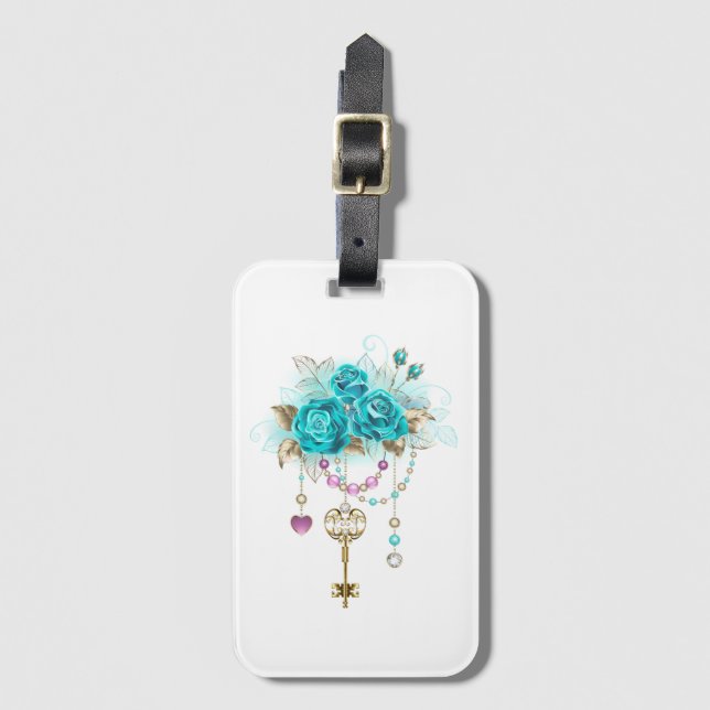 Turquoise Roses with Keys Luggage Tag (Front Vertical)