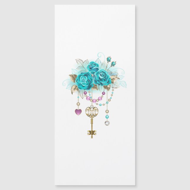 Turquoise Roses with Keys Magnetic Invitation (Front)