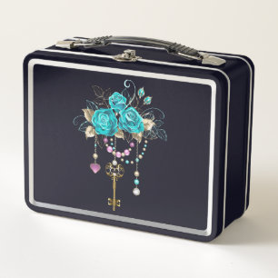 Turquoise Roses with Keys Metal Lunch Box