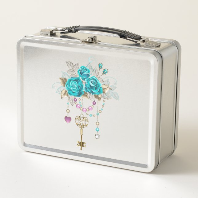 Turquoise Roses with Keys Metal Lunch Box (Front)