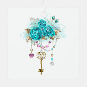 Turquoise Roses with Keys Metal Tree Decoration