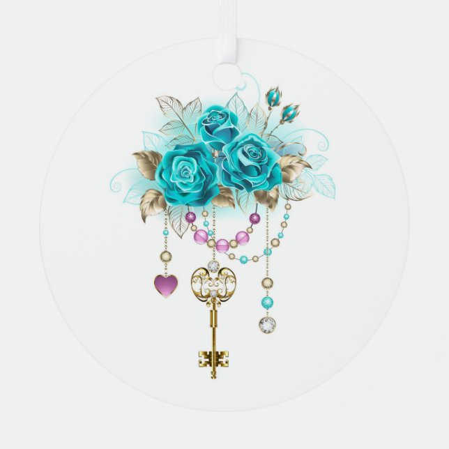 Turquoise Roses with Keys Metal Tree Decoration (Front)