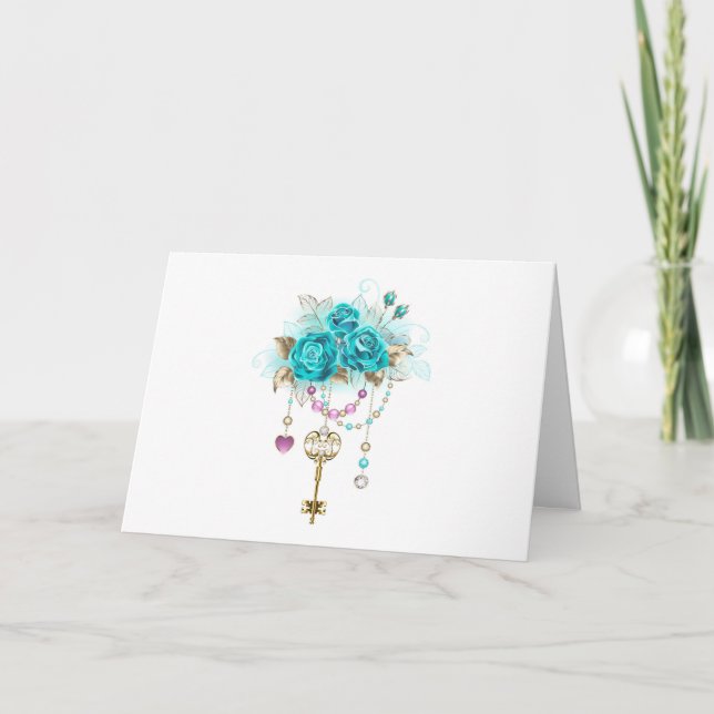 Turquoise Roses with Keys Note Card (Front)