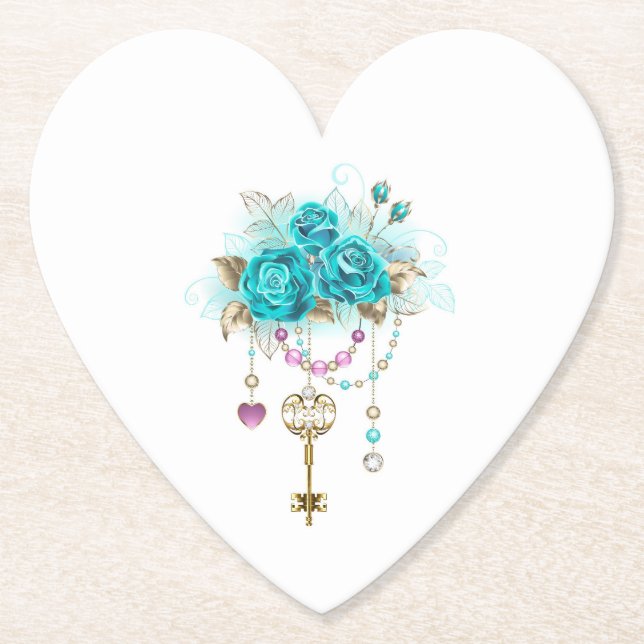Turquoise Roses with Keys Paper Coaster (Front)