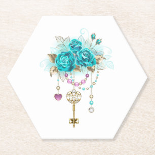 Turquoise Roses with Keys Paper Coaster
