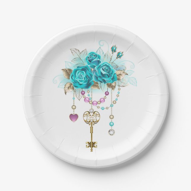 Turquoise Roses with Keys Paper Plate (Front)