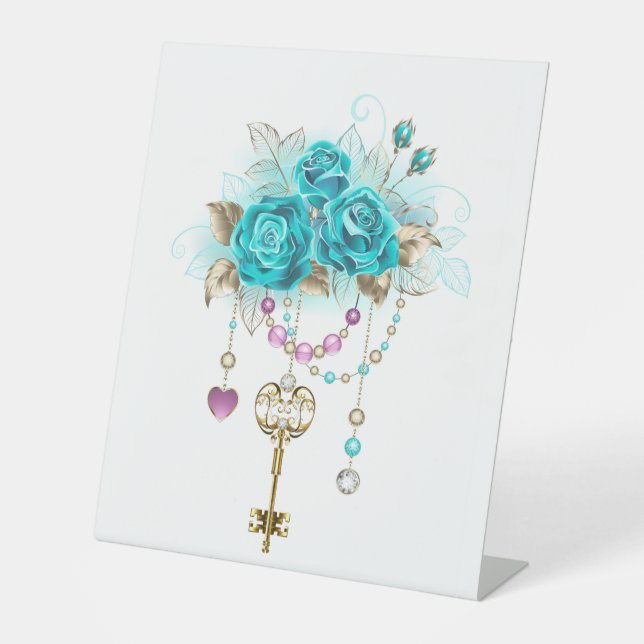 Turquoise Roses with Keys Pedestal Sign (Front)