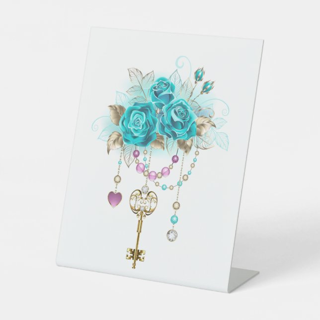 Turquoise Roses with Keys Pedestal Sign (Front)