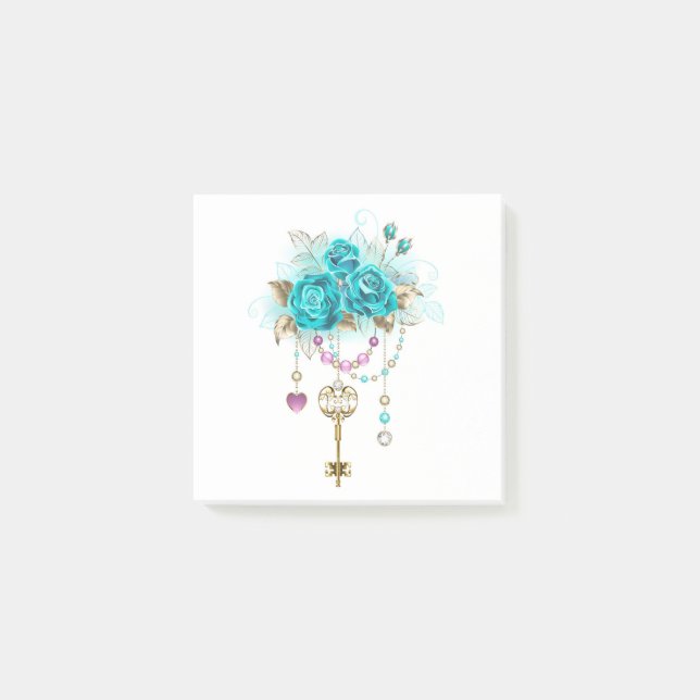 Turquoise Roses with Keys Post-it Notes (Front)