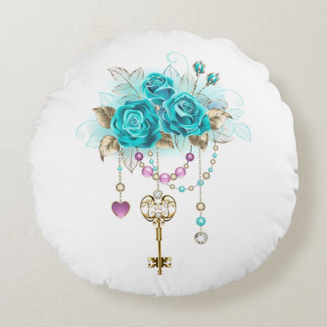 Turquoise Roses with Keys Round Cushion (Front)