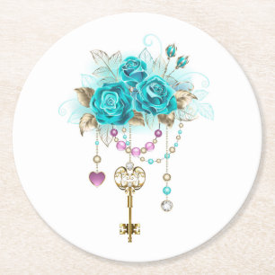 Turquoise Roses with Keys Round Paper Coaster