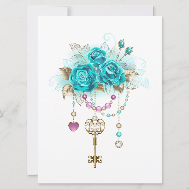 Turquoise Roses with Keys Save The Date (Front)