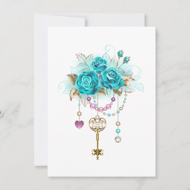 Turquoise Roses with Keys Save The Date (Front)