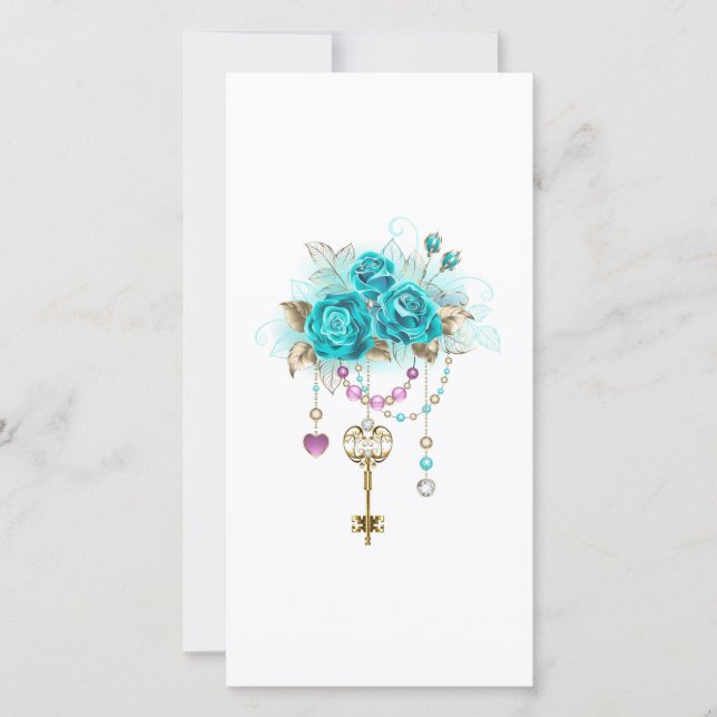 Turquoise Roses with Keys Save The Date (Front)