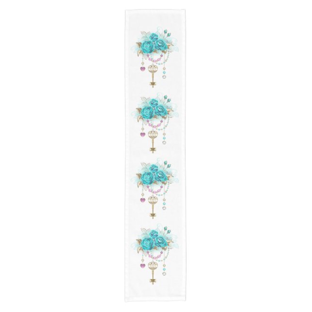 Turquoise Roses with Keys Short Table Runner (Front)