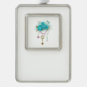 Turquoise Roses with Keys Silver Plated Framed Ornament