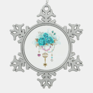 Turquoise Roses with Keys Snowflake Pewter Christmas Ornament