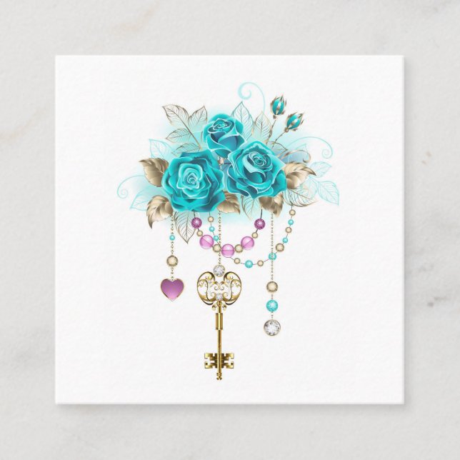 Turquoise Roses with Keys Square Business Card (Front)