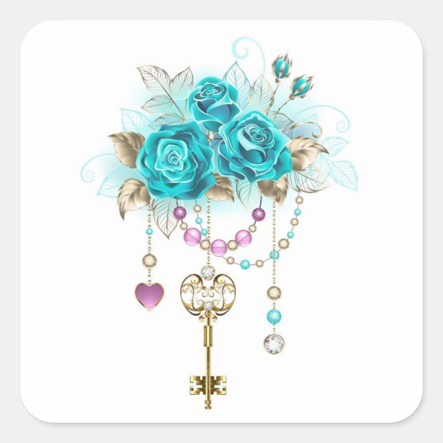 Turquoise Roses with Keys Square Sticker (Front)