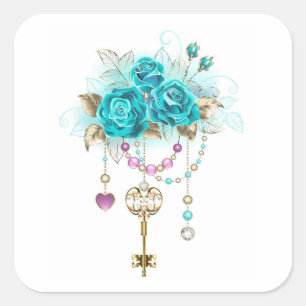 Turquoise Roses with Keys Square Sticker