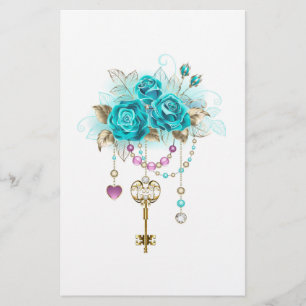 Turquoise Roses with Keys Stationery