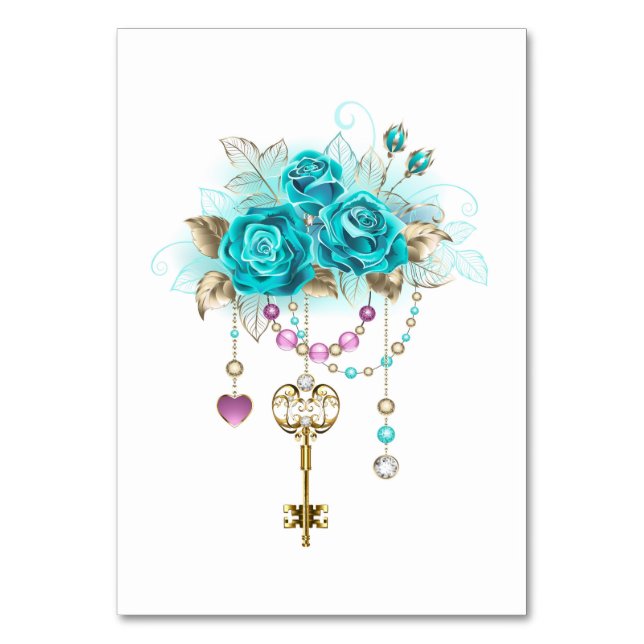 Turquoise Roses with Keys Table Number (Front)