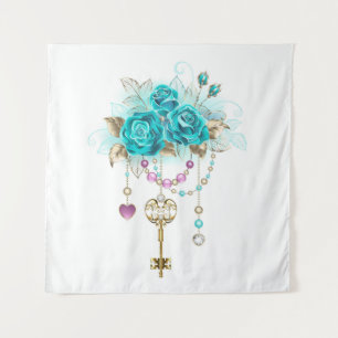 Turquoise Roses with Keys Tapestry