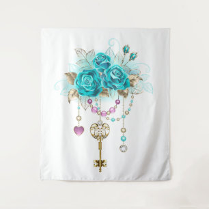 Turquoise Roses with Keys Tapestry