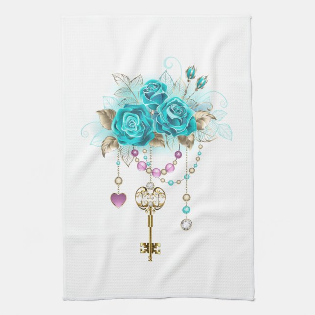 Turquoise Roses with Keys Tea Towel (Vertical)