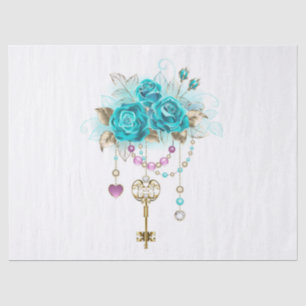 Turquoise Roses with Keys Tissue Paper