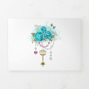 Turquoise Roses with Keys Tri-Fold Announcement