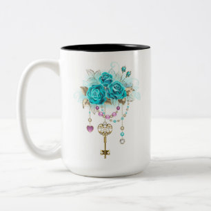 Turquoise Roses with Keys Two-Tone Coffee Mug