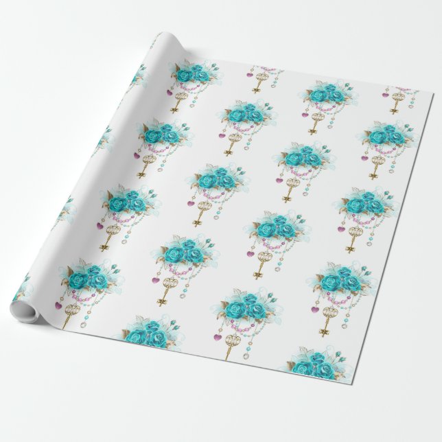 Turquoise Roses with Keys Wrapping Paper (Unrolled)