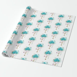 Turquoise Roses with Keys Wrapping Paper