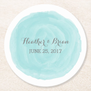 Turquoise Round Watercolor Wedding Paper Coasters