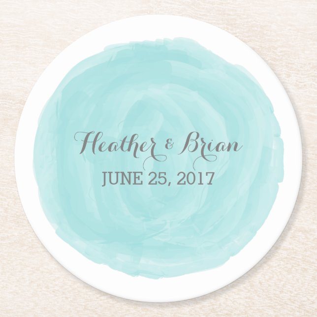 Turquoise Round Watercolor Wedding Paper Coasters (Front)