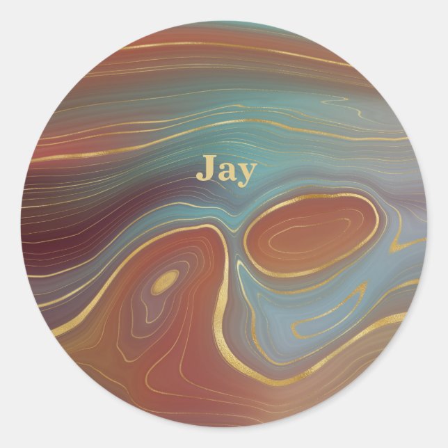 Turquoise Rust and Tan Agate Look with Gold Classic Round Sticker (Front)