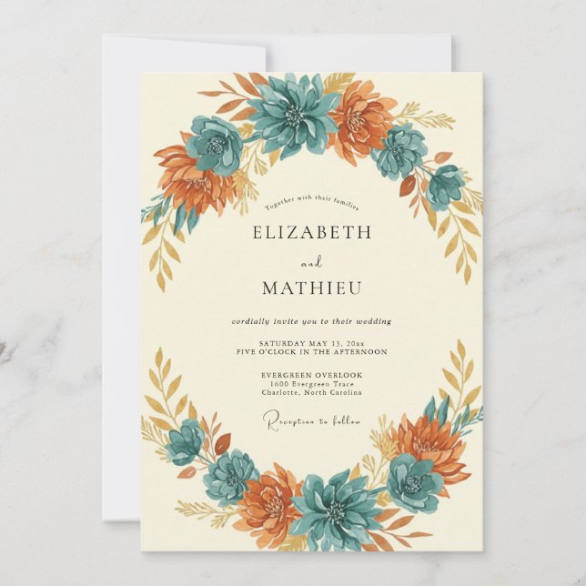 Turquoise Rust Blossom Wedding Invitation (Front)