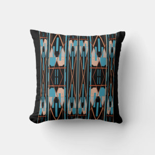 Turquoise Rust Coral on Black Mediterranean Mosaic Cushion
