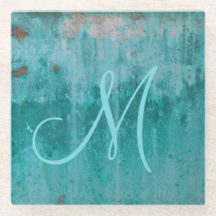 Turquoise Rust Monogram Glass Coaster