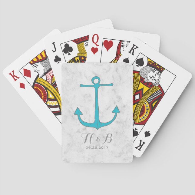 Turquoise Rustic Anchor Wedding Playing Cards (Back)