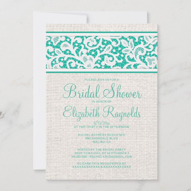 Turquoise Rustic Burlap Linen Bridal Shower Invite (Front)