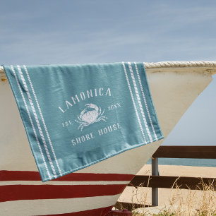 Turquoise Rustic Crab Personalised Shore House Beach Towel