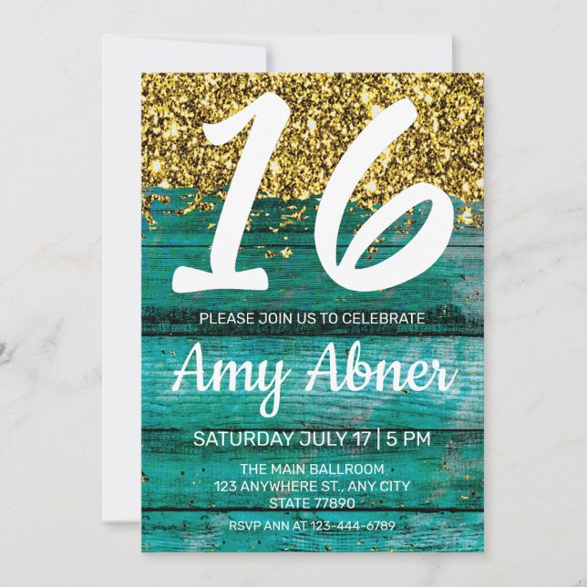 Turquoise Rustic Gold Glitter 16 Birthday Party In Invitation (Front)