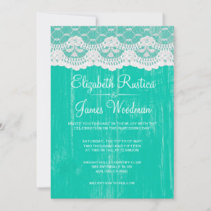 Turquoise Rustic Lace Wood Wedding Invitations